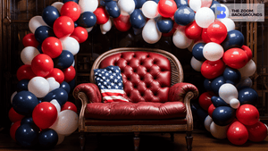 Red Leather Sofa with Balloon Arch Zoom Background