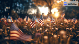 USA Stick Flags in Flower Field Zoom Background