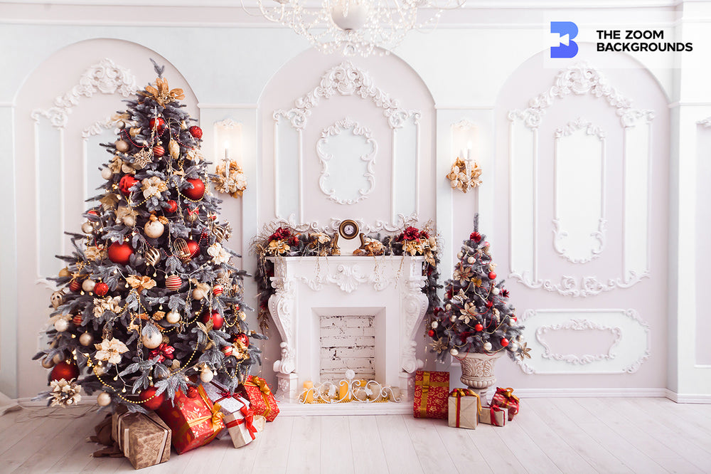 Baroque Fireplace Between Red-Ornamented Christmas Trees Zoom Background