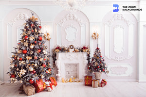 Baroque Fireplace Between Red-Ornamented Christmas Trees Zoom Background