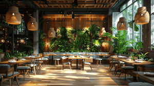 Restaurant with Wood and Greenery Aesthetic Zoom Background