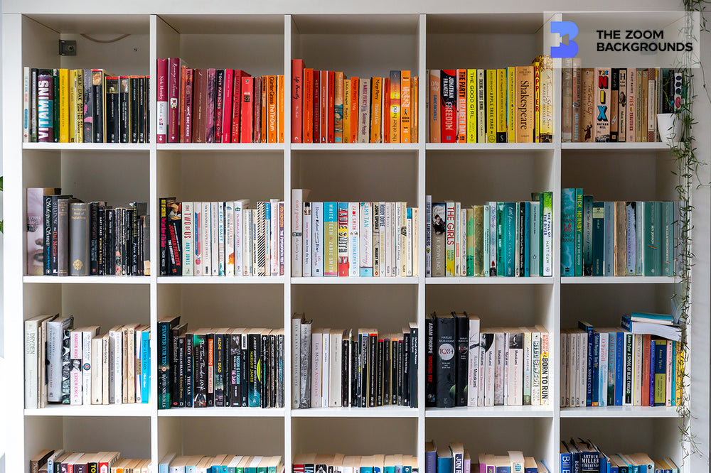 White Bookshelf Background In Home Packed with Colorful Books Home Library for Zoom