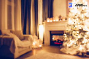 Beautiful Holiday-Decorated Room With Fireplace and Christmas Tree Zoom Background