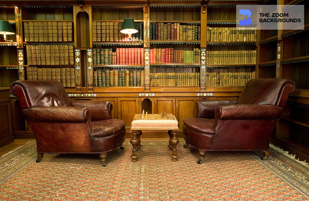 Old Library Study With Leather Couches and Chess Zoom Background