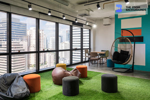 Modern Office With Creative Coworking Space On Artificial Grass Zoom Background