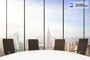 White Round Conference Table, Windows, and City View Zoom Background