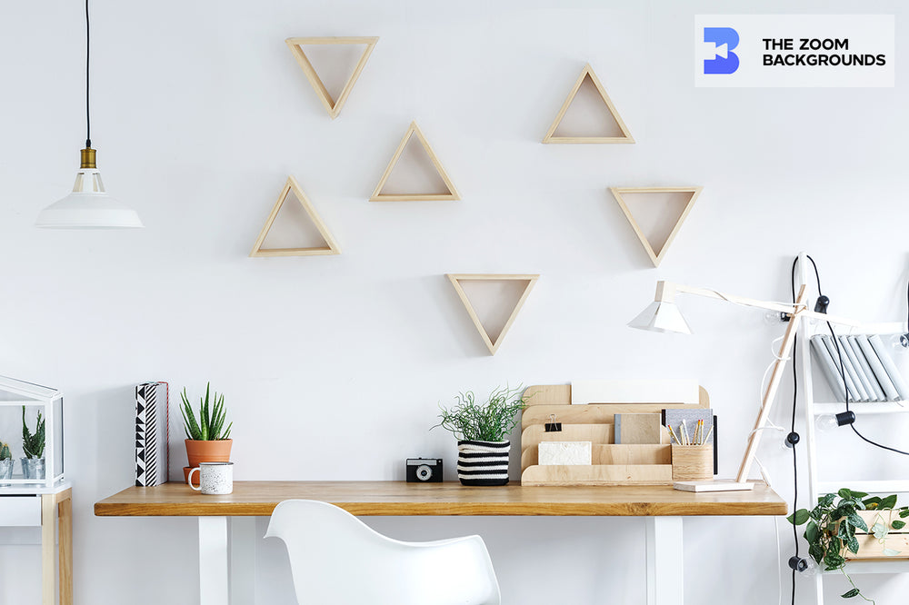 Bright Home Office With Wooden Desk and Cactus Zoom Background