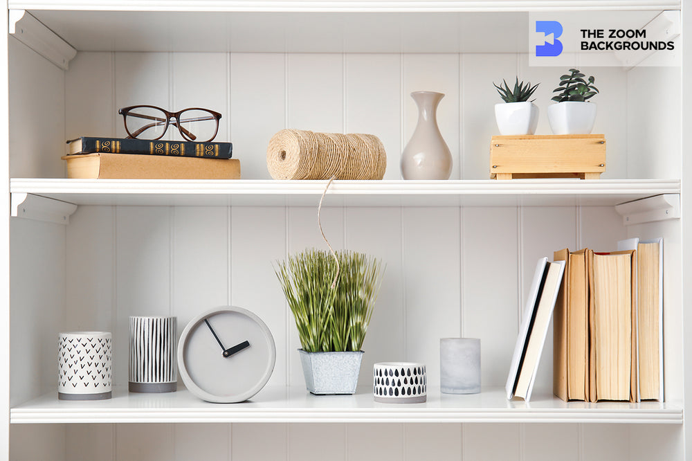 White Shelves With Plants and Décor Zoom Background