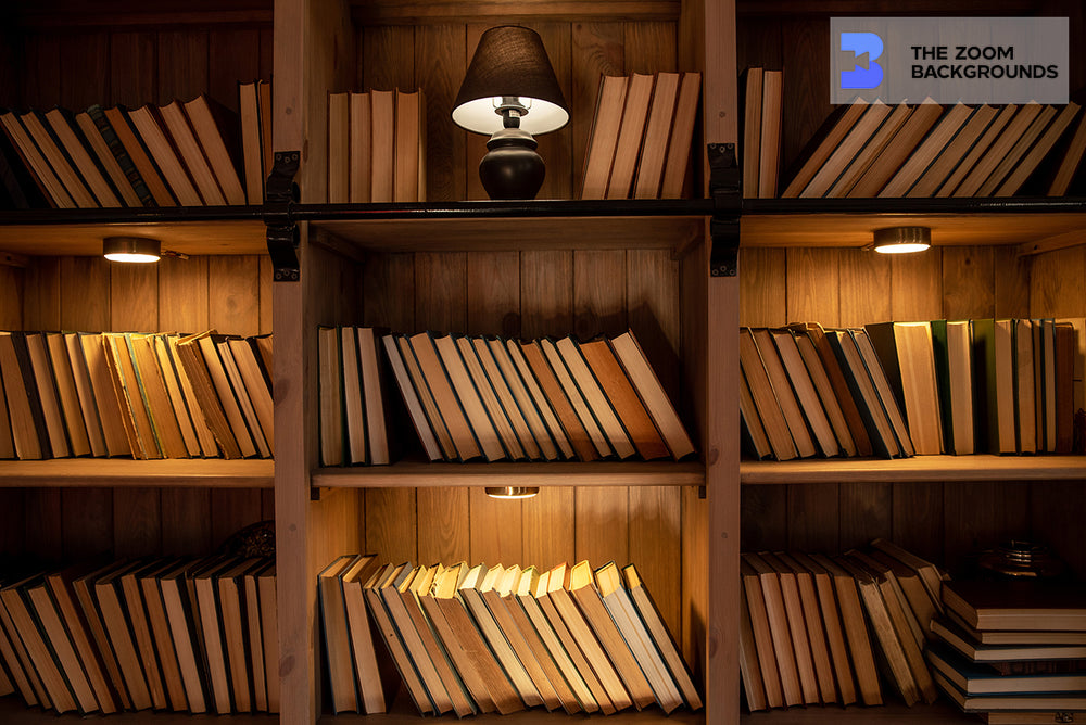 Home Library Bookshelf With Wooden Bookcase Zoom Background