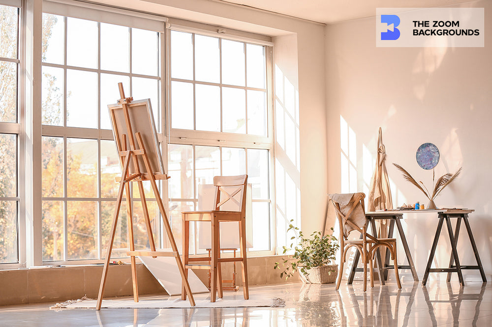 Sunlit Modern Painter Art Studio Interior Zoom Background