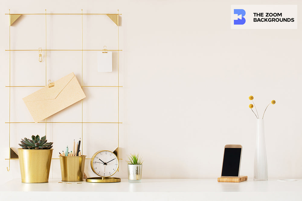 Elegant Desk With White Table and Greenery Zoom Background