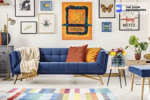 Art Wall Salon Paintings Above Navy Sofa In Living Room Zoom Background