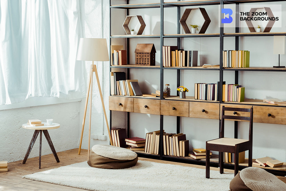 Wooden Furniture With Books In Living Room Zoom Background