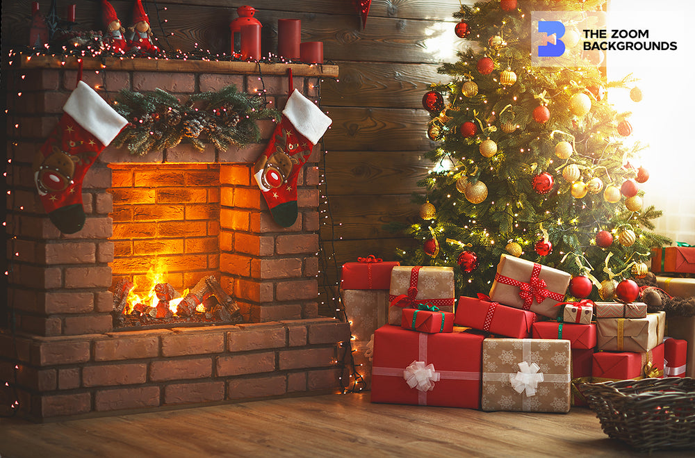 Christmas Tree, Fireplace, and Gifts Interior Zoom Background