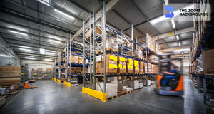 Blurred Forklift and Worker In Warehouse Zoom Background