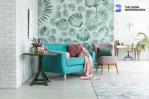 Living Room With Green Table Plant Next To Blue Sofa Zoom Background