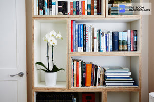 Interior Photgraph In A Home With Books and A Potted Orchid Zoom Background