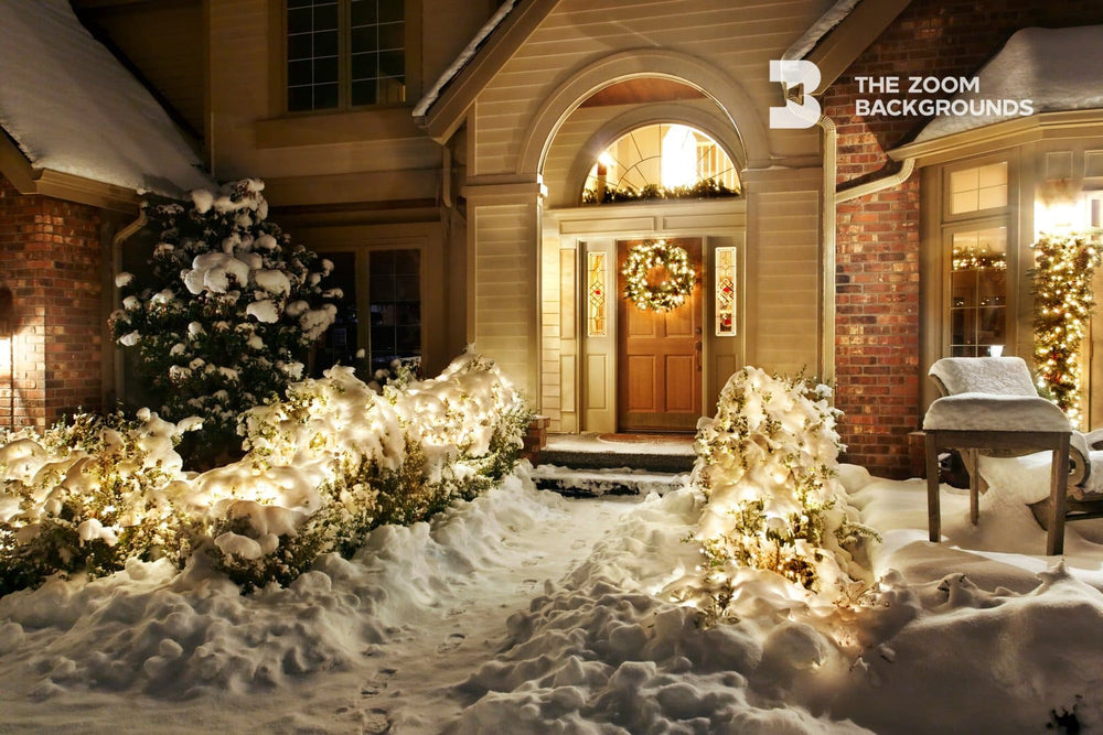 Christmas Decorated Snowed Home Entrance at Night