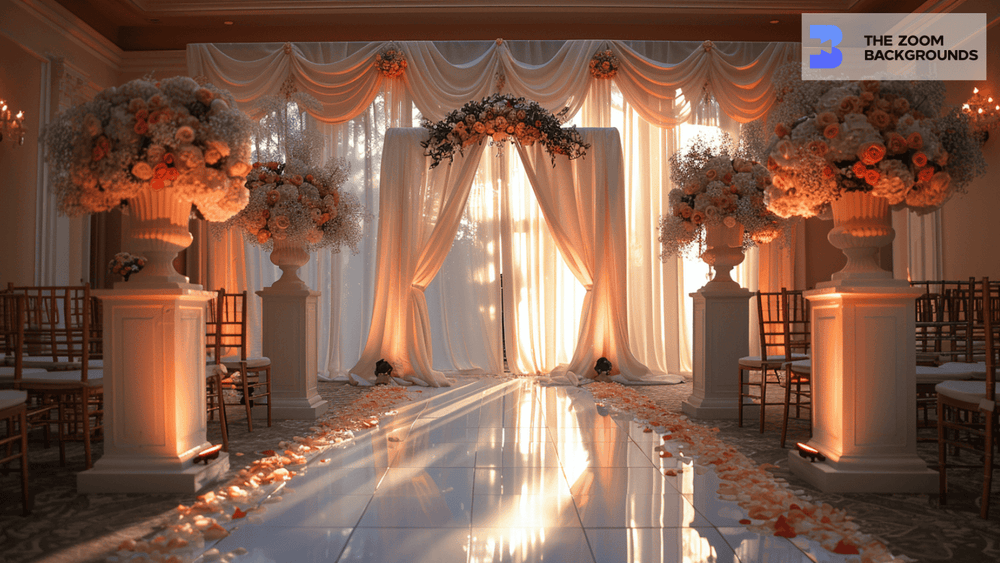 White Drapes and Greenery Decor Zoom Background