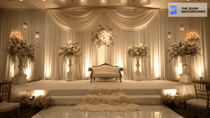 White Drapes with Wedding Sofa Zoom Background