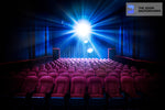 high contrast empty movie theatre seats and projector zoom background